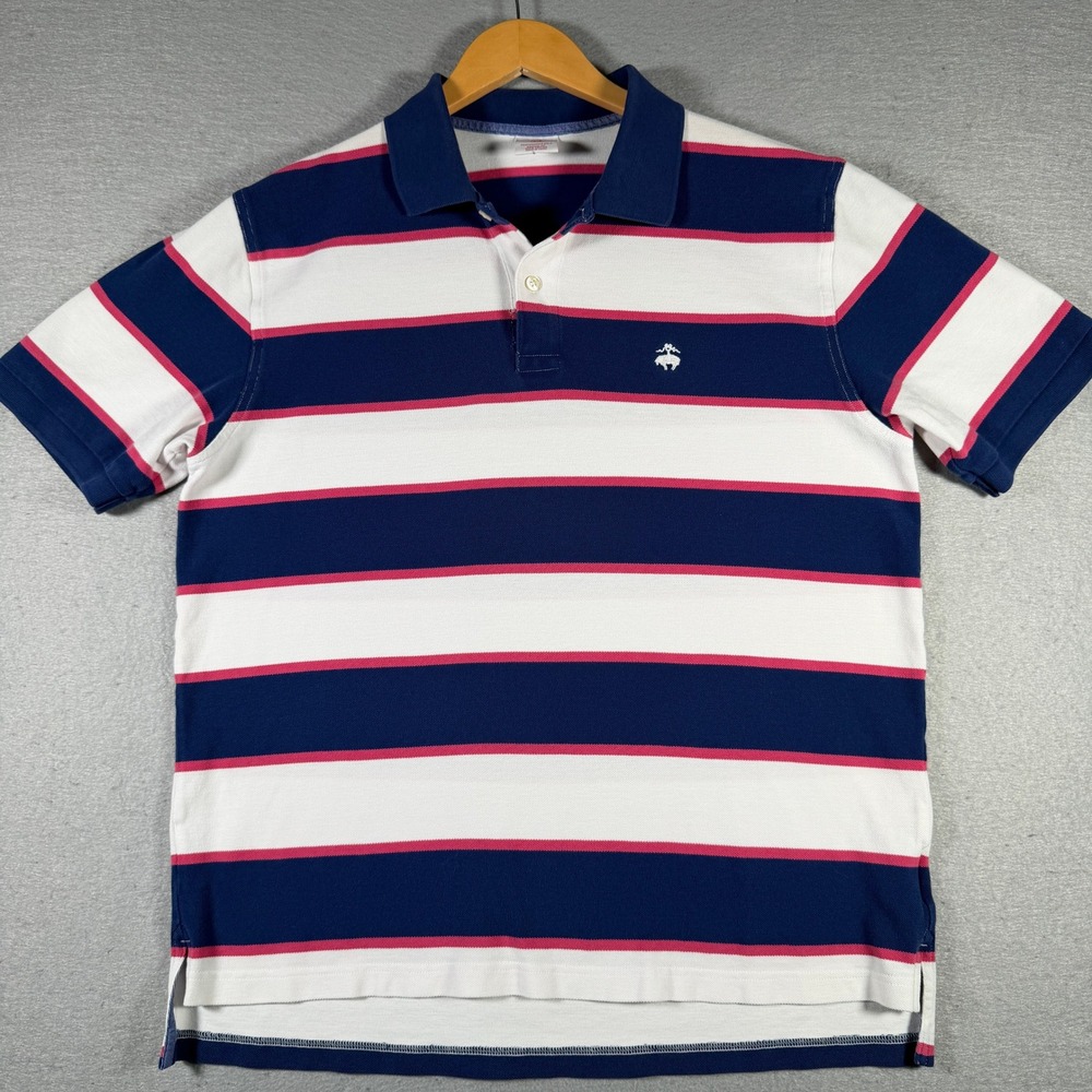Brooks Brothers Mens Performance Polo Shirt L Striped Navy White Pink Cotton